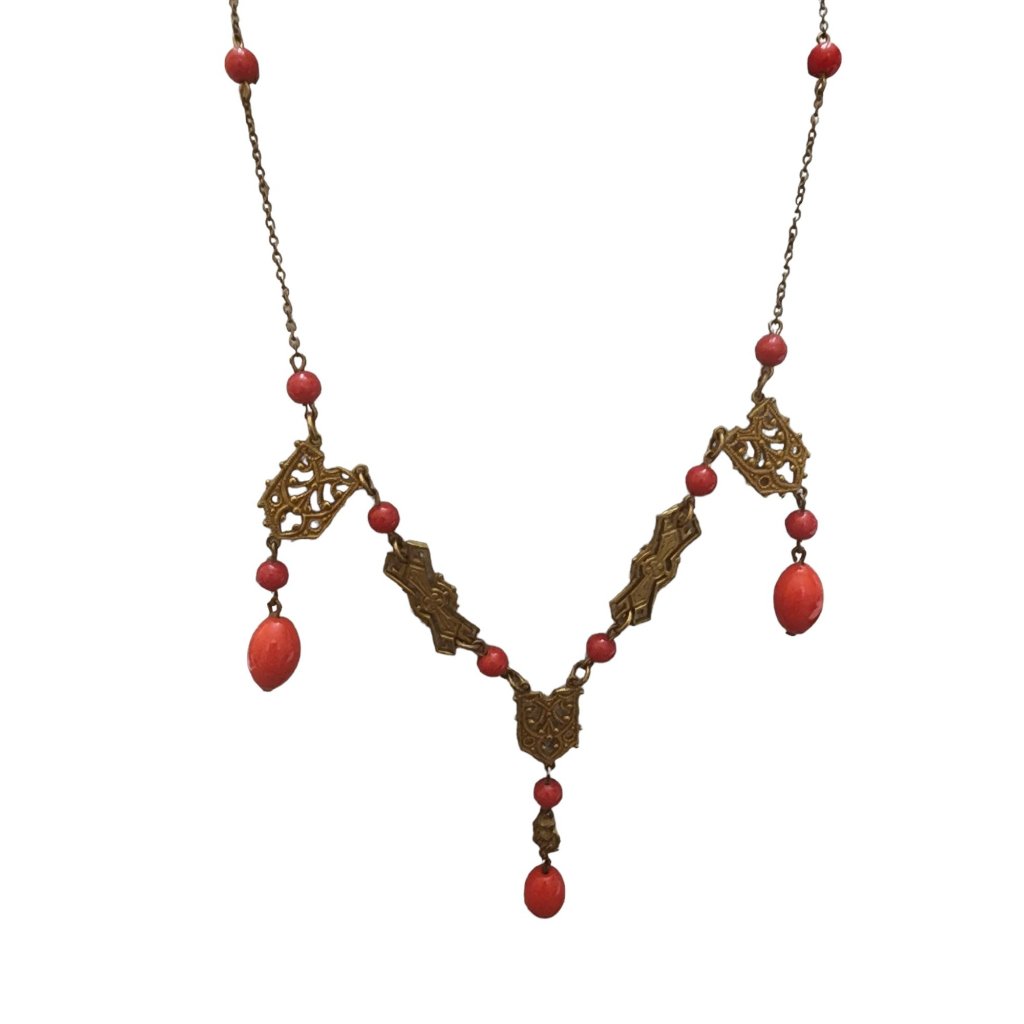 Antique Czech Style Brass And Glass Necklace (A2010)